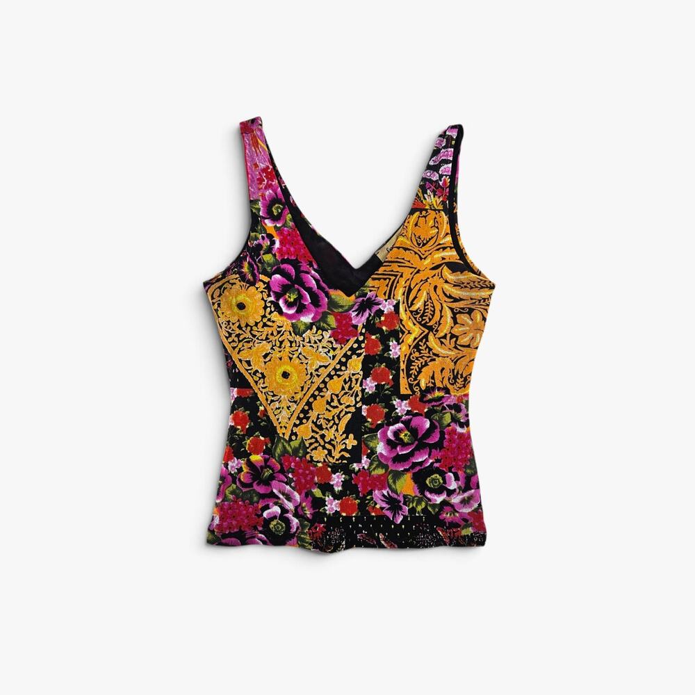 Y2k Euro Mesh Tank Floral Print Slim Fit Fairycore Boho - Size Small